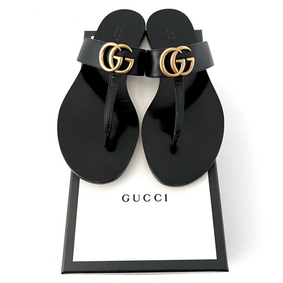 Gucci Shoes - GUCCI | Black Leather Thong Sandal Double G Marmont Slide Flip Flop US 9 EU 39